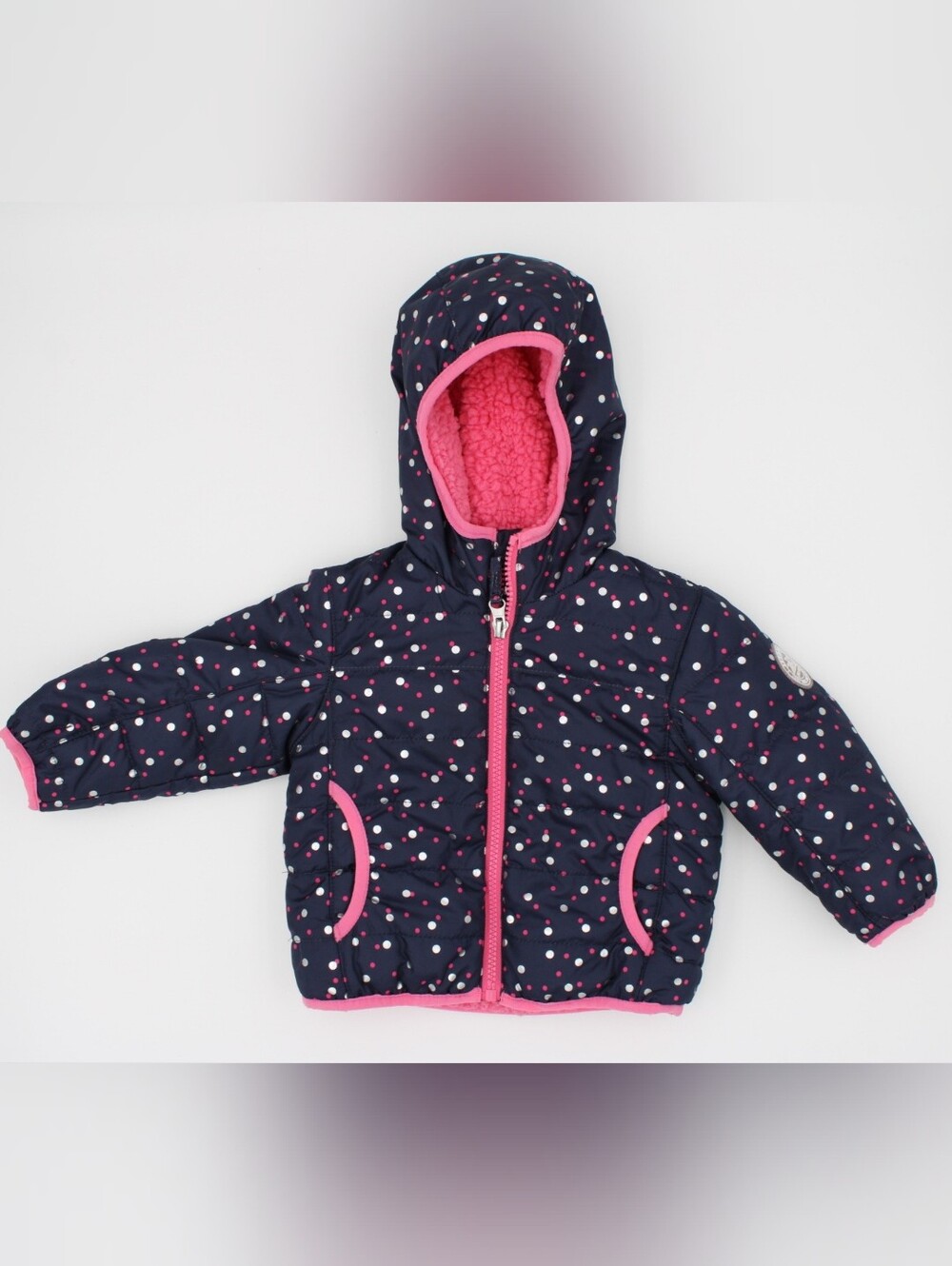 ZeroXposur Baby Girl Sherpa Lined Puffer Jacket Navy Pink Polka Dot 12M